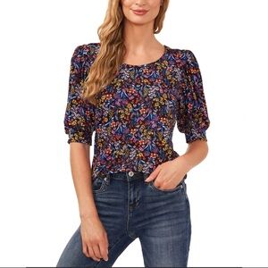 CECE Floral Print 3/4 Sleeve Scoop Neck Knit Top